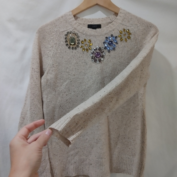 J. Crew Jeweled Neck Sweater Natural Wool Blend Oatmeal Cream XS Crew pullover - Picture 3 of 8